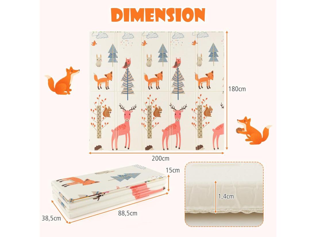 Vente Unique Tapis De Jeu Bébé Pliable 200x180x1 4cm Avec Sac De Transport Tapis De Sol XXL En XPE Imperméable Et Réversible Avec Motif Girafe & Cerf Tapis D'éveil Double Face