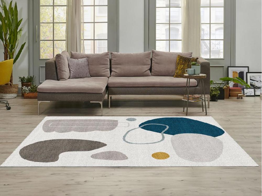 Vente Unique Tapis Design à Motifs Abstraits - 160 X 230 Cm - Blanc Gris Et Bleu - KIMIA