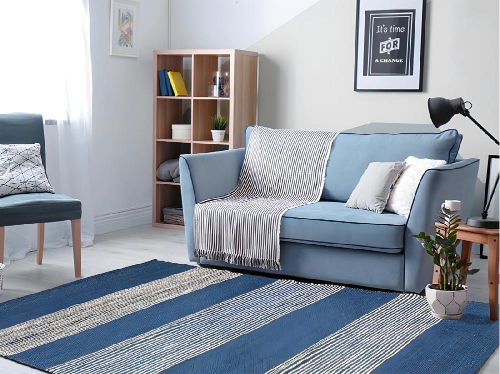 Vente Unique Tapis En Jute Tissé à La Main KOCHI - 200 X 290 Cm - Bleu Marine Et Blanc