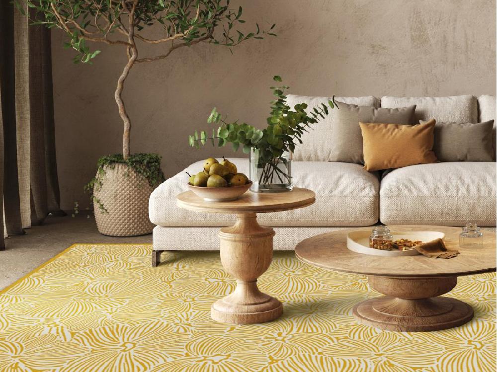Vente Unique Tapis En Vinyle à Motifs Fleuris - 120x180 Cm - Jaune Et Blanc - CAPUCINA