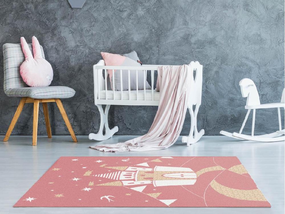 Vente Unique Tapis Enfant Château Féerique - Finition Brillante Lurex - 120 X 170 Cm - Rose Et Doré - PRINCESIA