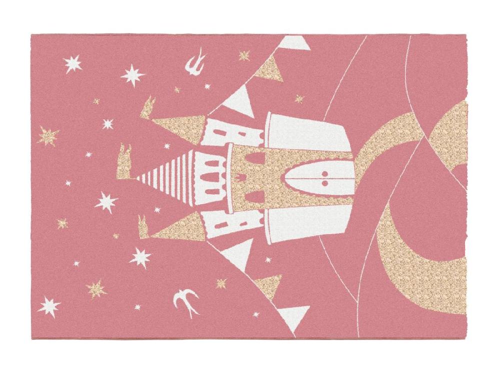 vente unique Tapis enfant château féerique - Finition brillante lurex - 120 x 170 cm - Rose et doré - PRINCESIA