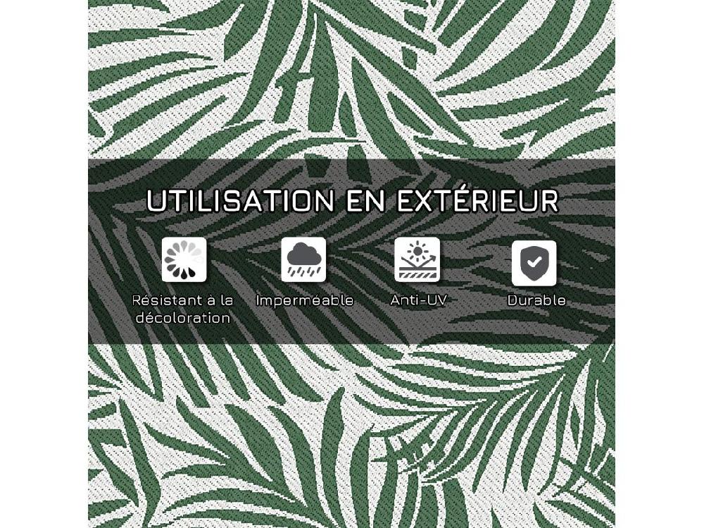 Vente Unique Tapis Extérieur Motif Feuilles - Tapis Réversible - Dim. 2 43L X 1 52l M ép. 3 Mm - PP Haute Densité 310 G/m² Vert Blanc