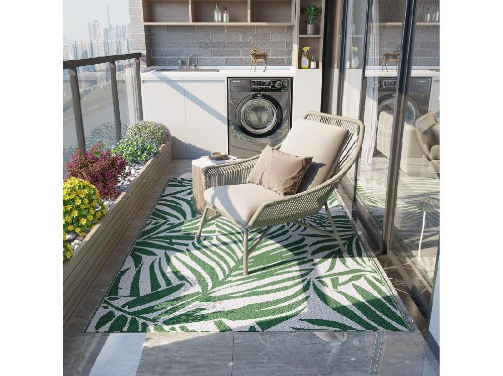 Vente Unique Tapis Extérieur Motif Feuilles - Tapis Réversible - Dim. 2 43L X 1 52l M ép. 3 Mm - PP Haute Densité 310 G/m² Vert Blanc