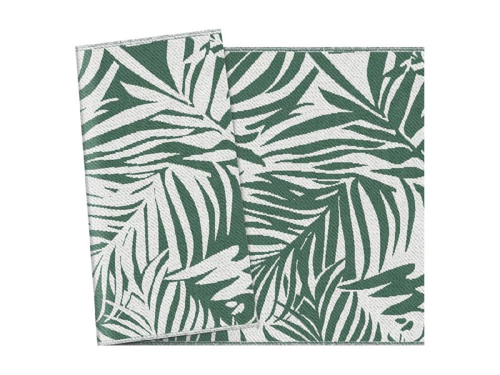 vente unique Tapis extérieur motif feuilles - tapis réversible - dim. 2 43L x 1 52l m ép. 3 mm - PP haute densité 310 g/m² vert blanc