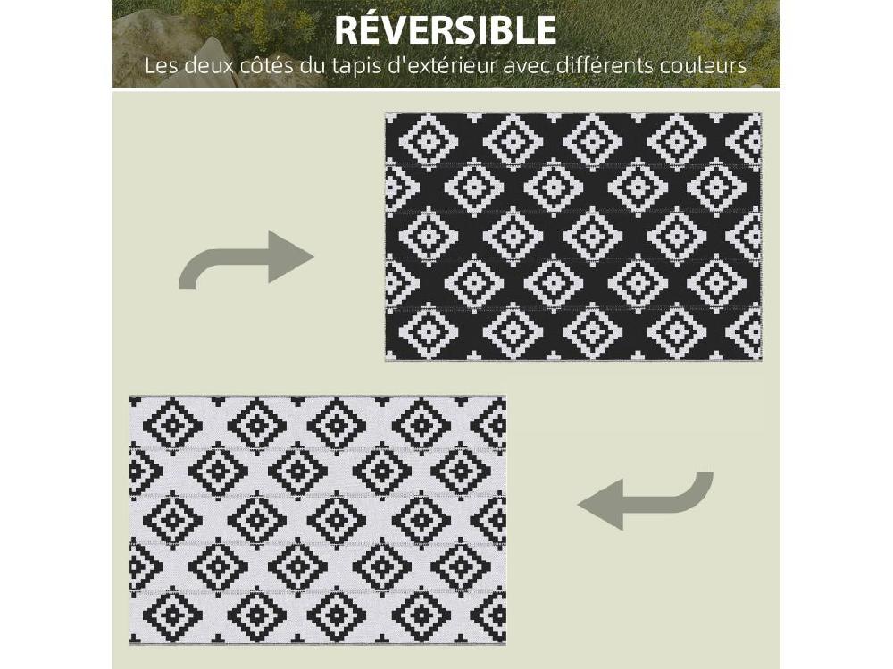 Vente Unique Tapis Extérieur Style Graphique - Tapis Réversible 2 Motifs - Dim. 2 74L X 1 82l M ép. 3 Mm - PP Haute Densité 310 G/m² Noir Blanc