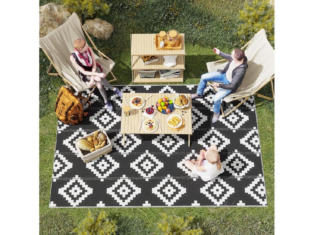 Vente Unique Tapis Extérieur Style Graphique - Tapis Réversible 2 Motifs - Dim. 2 74L X 1 82l M ép. 3 Mm - PP Haute Densité 310 G/m² Noir Blanc