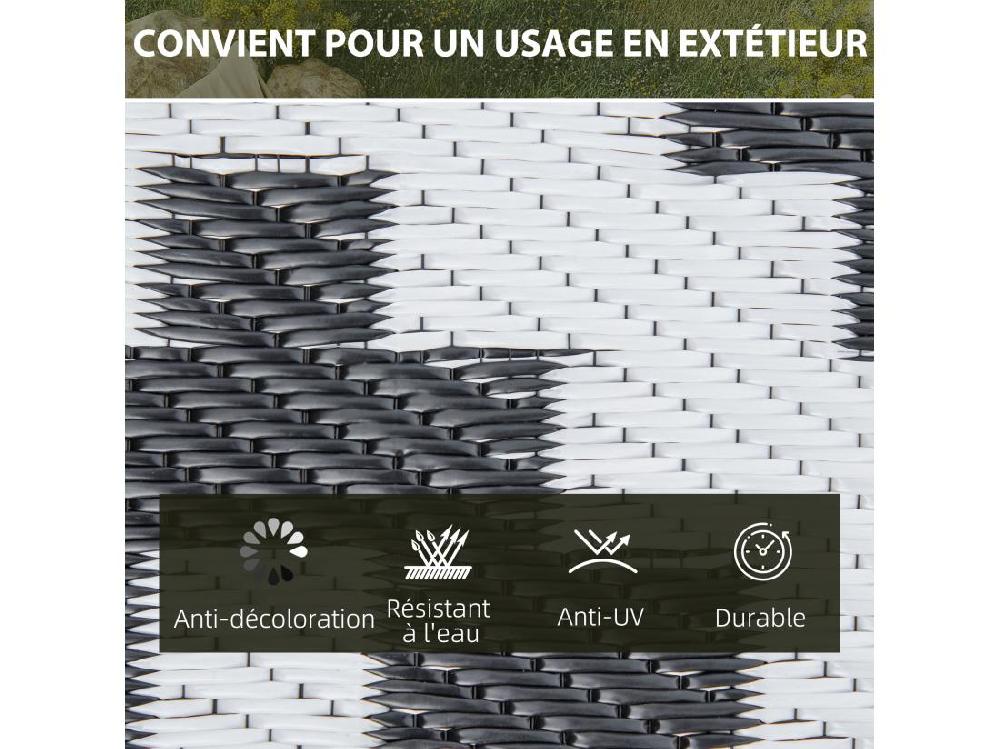 vente unique Tapis extérieur style graphique - tapis réversible 2 motifs - dim. 2 74L x 1 82l m ép. 3 mm - PP haute densité 310 g/m² noir blanc