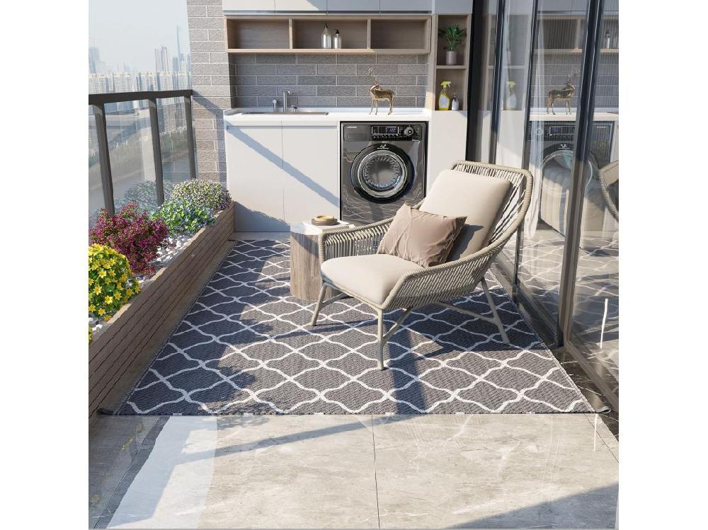 Vente Unique Tapis Extérieur Style Graphique - Tapis Réversible Bicolore - Dim. 2 74L X 1 82l M ép. 3 Mm - PP Haute Densité 310 G/m² Gris Blanc