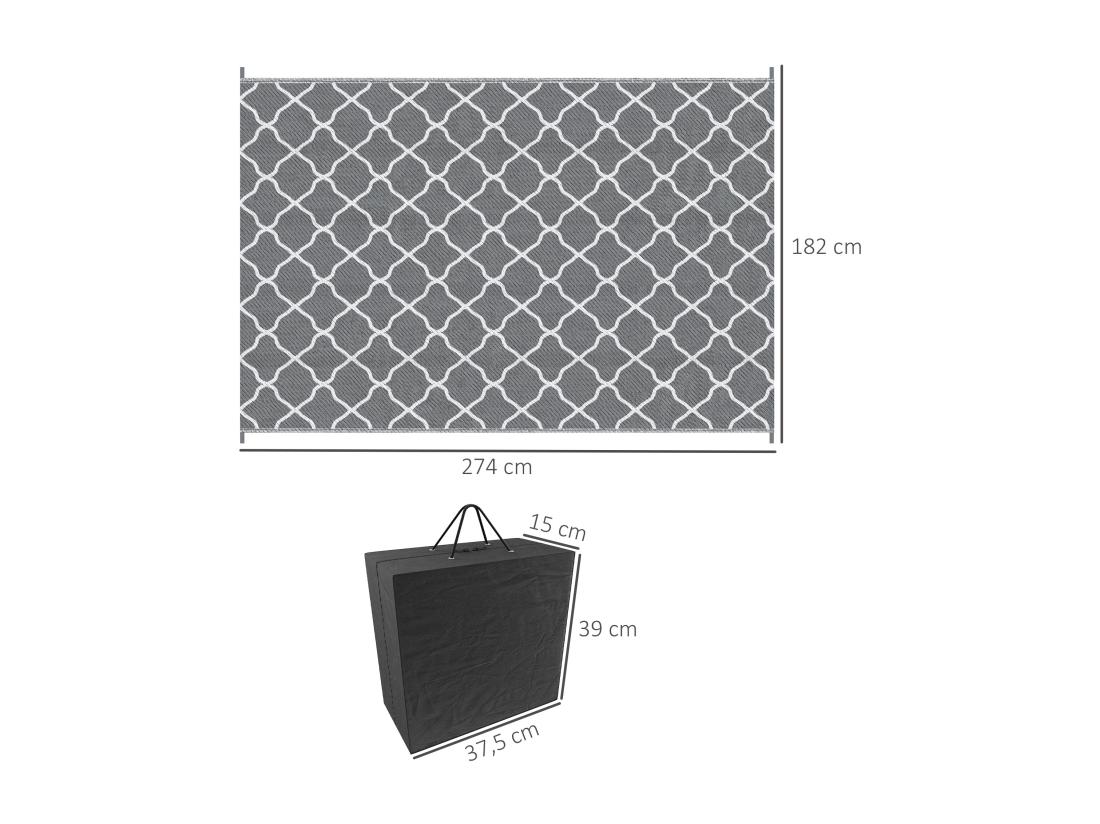 Vente Unique Tapis Extérieur Style Graphique - Tapis Réversible Bicolore - Dim. 2 74L X 1 82l M ép. 3 Mm - PP Haute Densité 310 G/m² Gris Blanc