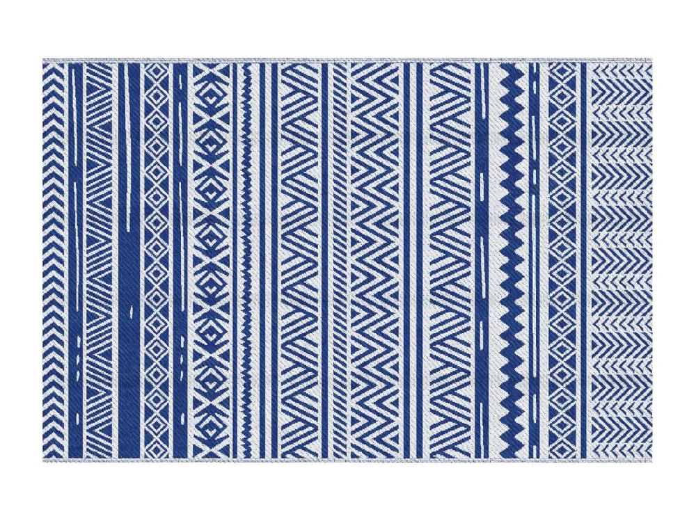 Vente Unique Tapis Extérieur Style Graphique - Tapis Réversible - Dim. 2 74L X 1 82l M ép. 3 Mm - PP Haute Densité 310 G/m² Bleu Blanc