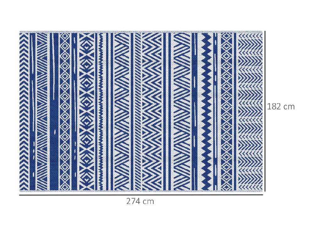 Vente Unique Tapis Extérieur Style Graphique - Tapis Réversible - Dim. 2 74L X 1 82l M ép. 3 Mm - PP Haute Densité 310 G/m² Bleu Blanc