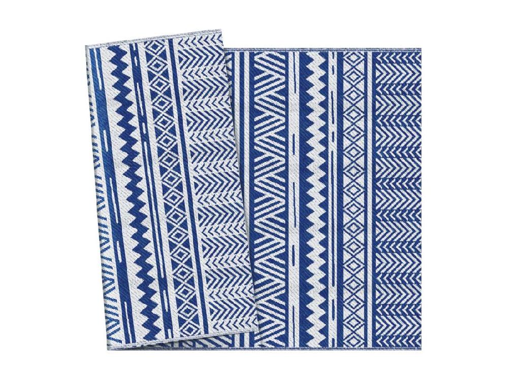 Vente Unique Tapis Extérieur Style Graphique - Tapis Réversible - Dim. 2 74L X 1 82l M ép. 3 Mm - PP Haute Densité 310 G/m² Bleu Blanc