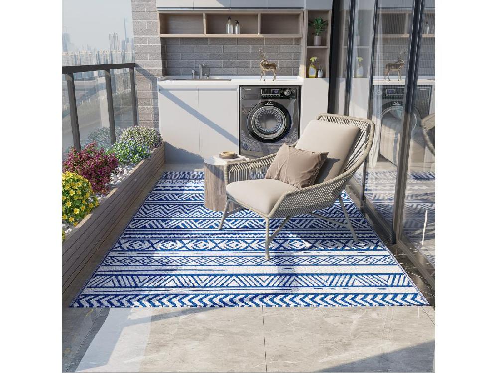 vente unique Tapis extérieur style graphique - tapis réversible - dim. 2 74L x 1 82l m ép. 3 mm - PP haute densité 310 g/m² bleu blanc