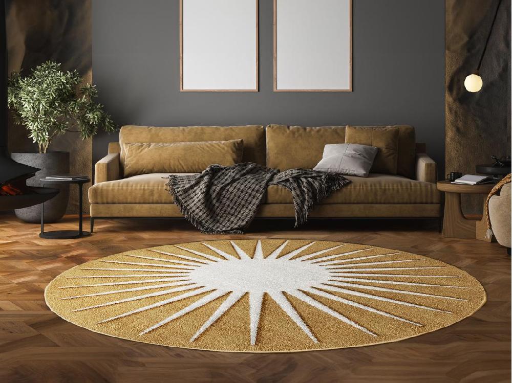 Vente Unique Tapis Rond Soleil En Relief - D.200 Cm - Moutarde Et Blanc - LUMINIO