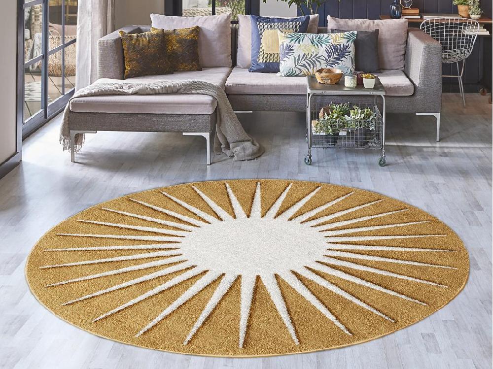 Vente Unique Tapis Rond Soleil En Relief - D.200 Cm - Moutarde Et Blanc - LUMINIO