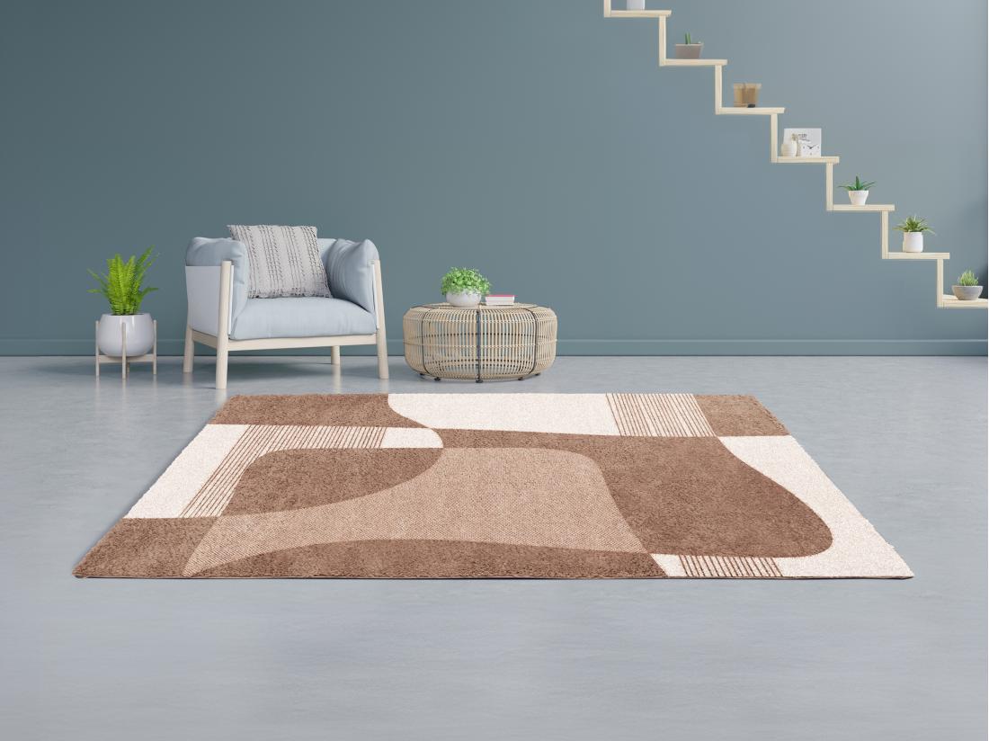 vente unique Tapis shaggy à motifs abstraits- 160 x 230 cm - Blanc et Marron - RUMINIA