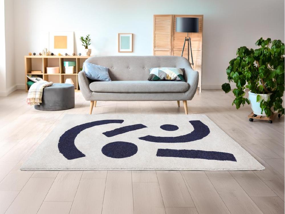 vente unique Tapis shaggy à motifs abstraits- 160 x 230 cm - Crème et bleu nuit - DRAOFI