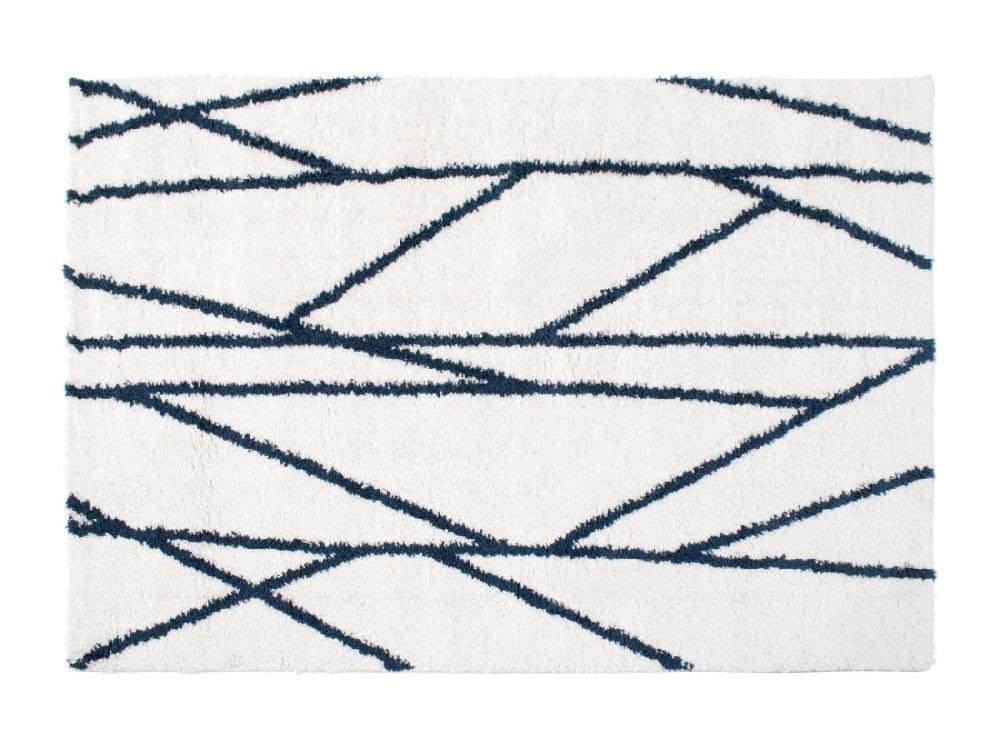 Vente Unique Tapis Shaggy Berbère Lignes Asymétriques - 160 X 230 Cm - Blanc Et Bleu Nuit - BARDIO