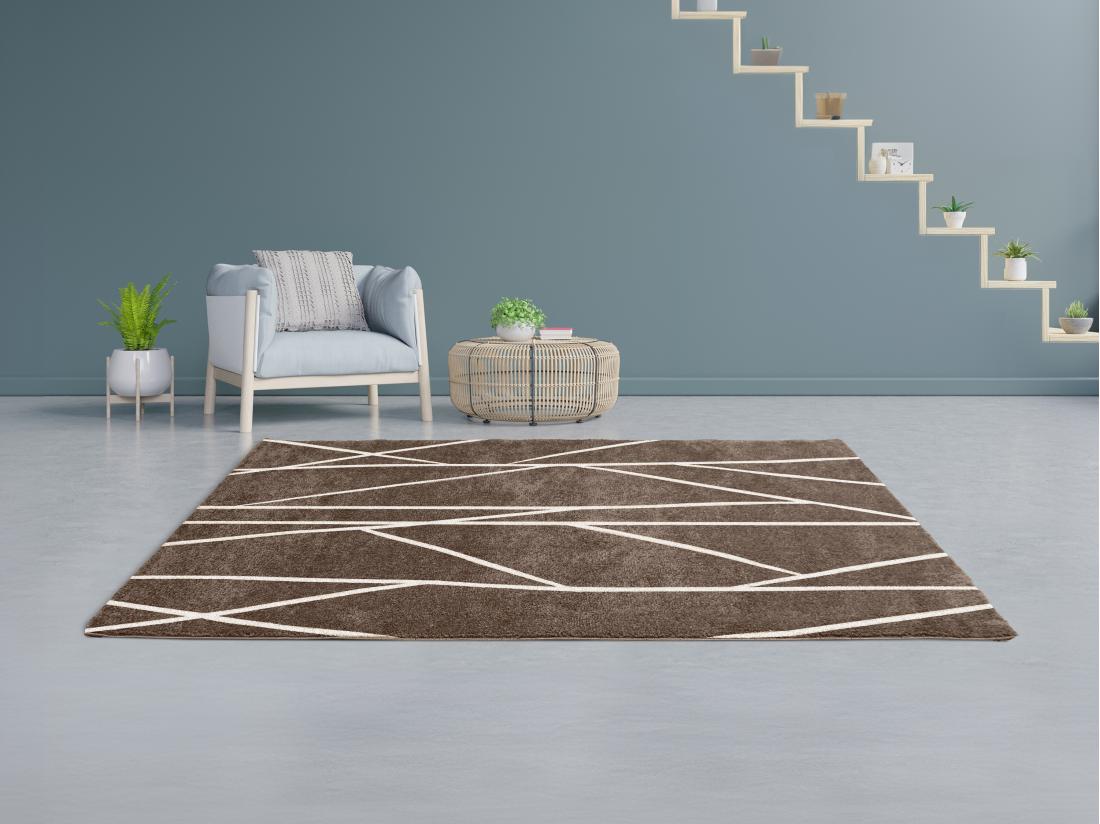 vente unique Tapis shaggy berbère lignes asymétriques - 160 x 230 cm - Marron et blanc - BARDIO