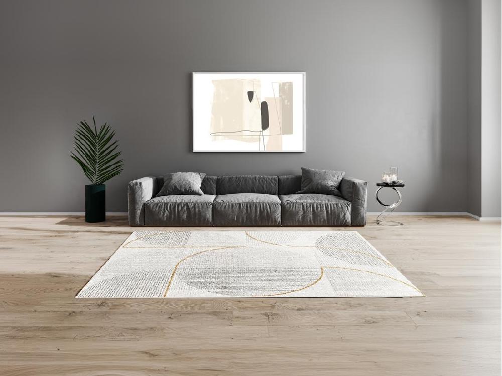 vente unique Tapis shaggy design géométrique - 160 x 230 cm - Crème Gris et Doré - TOLGA
