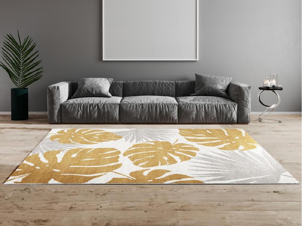 Vente Unique Tapis Tropical à Motifs Palmiers - 160 X 230 Cm - Gris Et Doré - TROPISIA