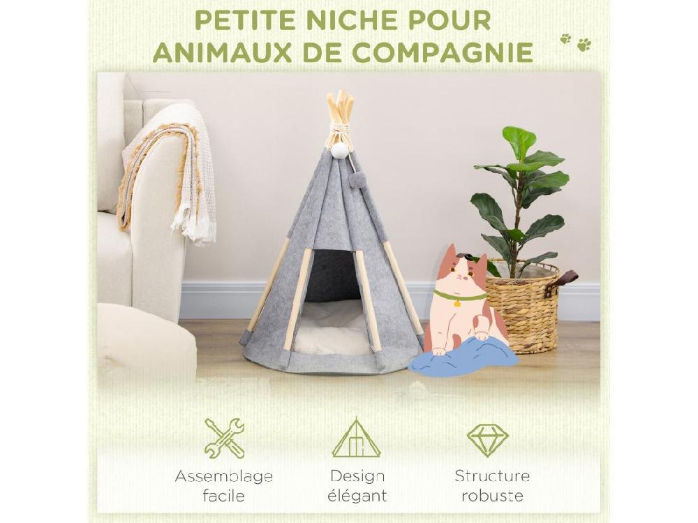 Vente Unique Tente Tipi Pour Animaux - Teepee Chien Chat - Coussin épais Grand Confort Inclus - Structure Bois De Pin Feutre Polyester Gris