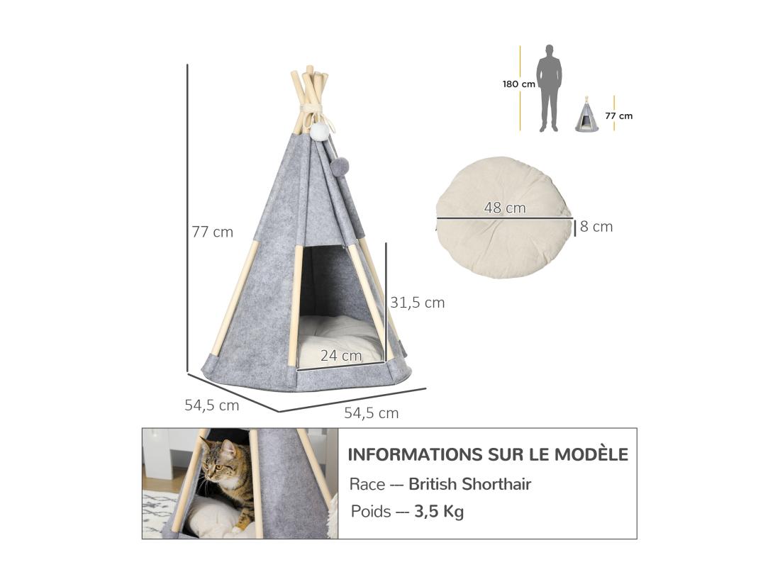 Vente Unique Tente Tipi Pour Animaux - Teepee Chien Chat - Coussin épais Grand Confort Inclus - Structure Bois De Pin Feutre Polyester Gris