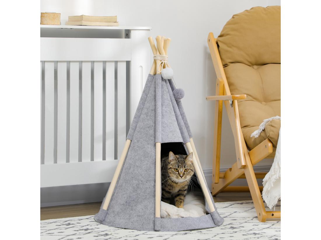 Vente Unique Tente Tipi Pour Animaux - Teepee Chien Chat - Coussin épais Grand Confort Inclus - Structure Bois De Pin Feutre Polyester Gris