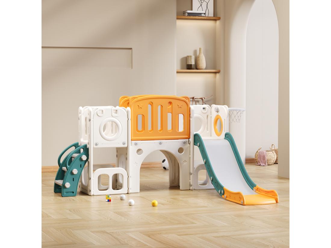 Vente Unique Toboggan 6 En 1 En PEHD Pour Enfant Avec Plate-forme Escalier 2 Zondes De Rangement Arcade Panier De Basket Vert