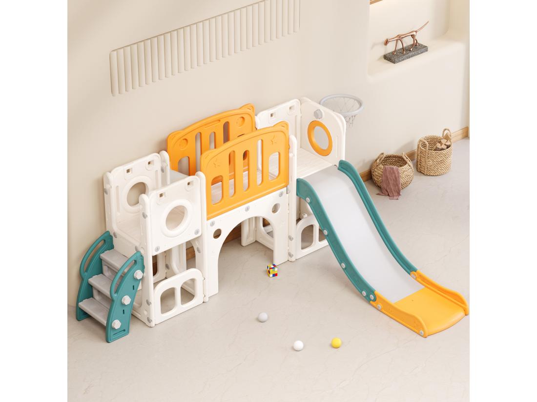 Vente Unique Toboggan 6 En 1 En PEHD Pour Enfant Avec Plate-forme Escalier 2 Zondes De Rangement Arcade Panier De Basket Vert