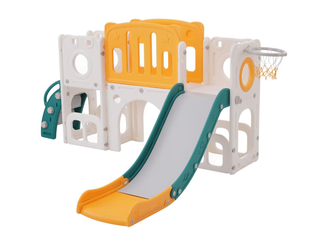 Vente Unique Toboggan 6 En 1 En PEHD Pour Enfant Avec Plate-forme Escalier 2 Zondes De Rangement Arcade Panier De Basket Vert
