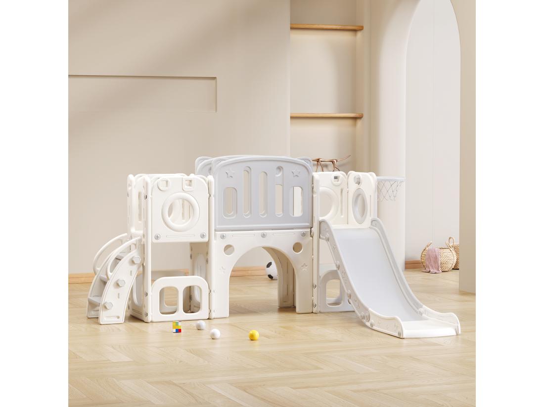Vente Unique Toboggan 6 En 1 En PEHD Pour Enfant Avec Plate-forme Escalier 2 Zondes De Rangement Arcade Panier De Basket Gris
