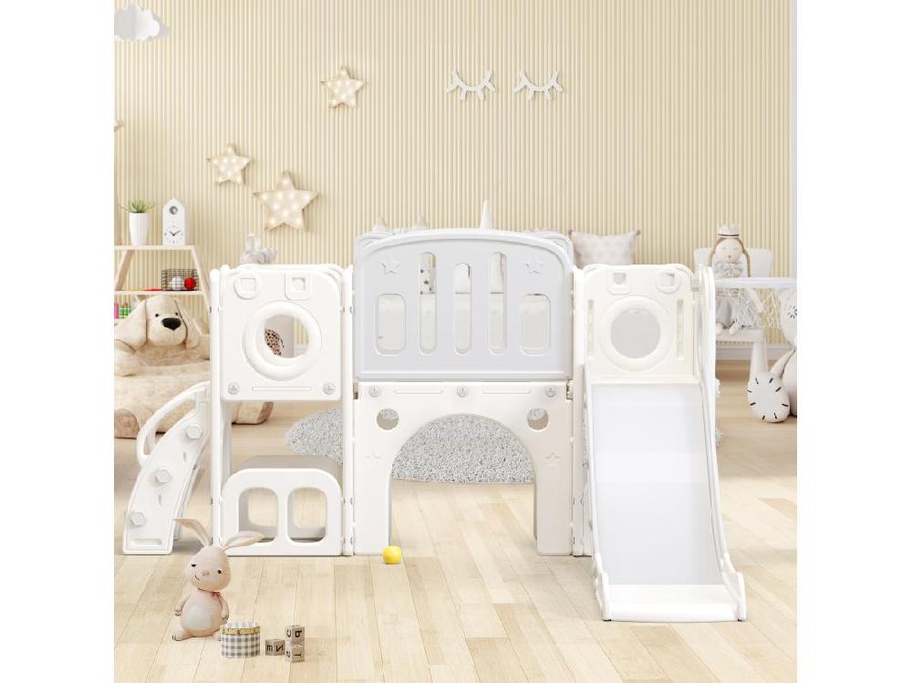 Vente Unique Toboggan 6 En 1 En PEHD Pour Enfant Avec Plate-forme Escalier 2 Zondes De Rangement Arcade Panier De Basket Gris