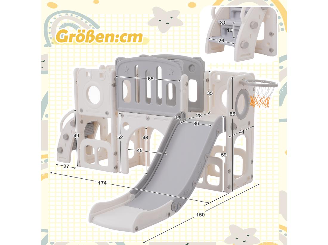Vente Unique Toboggan 6 En 1 En PEHD Pour Enfant Avec Plate-forme Escalier 2 Zondes De Rangement Arcade Panier De Basket Gris