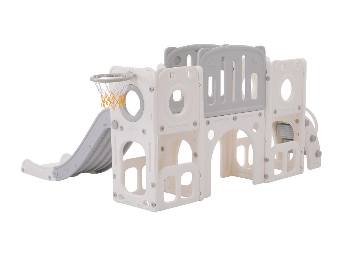 vente unique Toboggan 6 en 1 en PEHD pour enfant avec plate-forme escalier 2 zondes de rangement arcade panier de basket gris