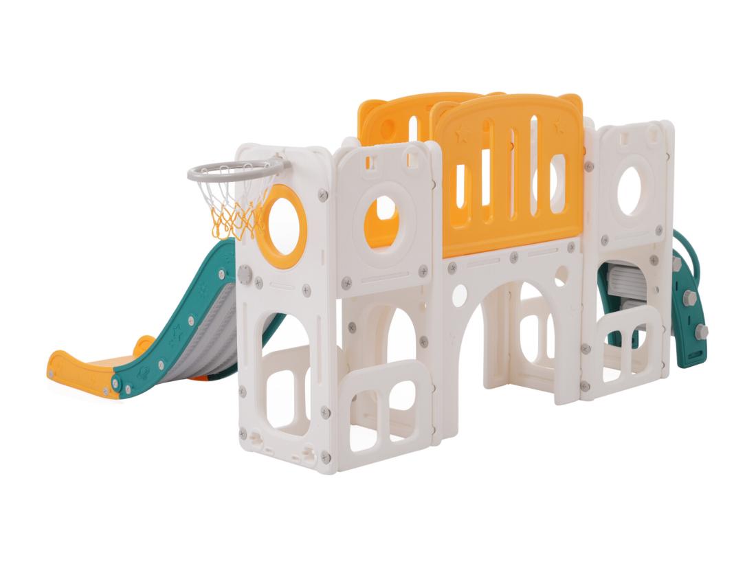 vente unique Toboggan 6 en 1 en PEHD pour enfant avec plate-forme escalier 2 zondes de rangement arcade panier de basket vert