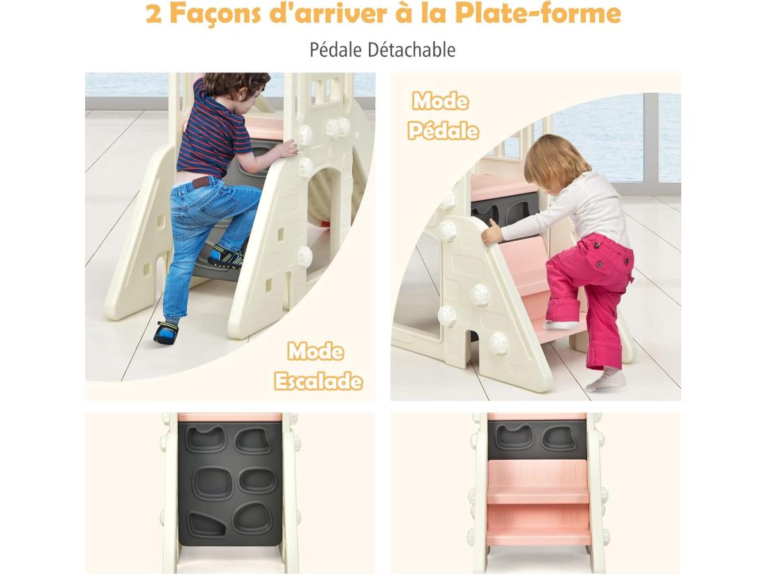 Vente Unique Toboggan 6 En 1 Pour Enfant - Glisse De 140 CM - Avec Panier De Basket Escalade Lancer D'Anneaux Et Télescope Toboggan Intérieure Aire De Jeux Extérieure 3-8 Ans Rose