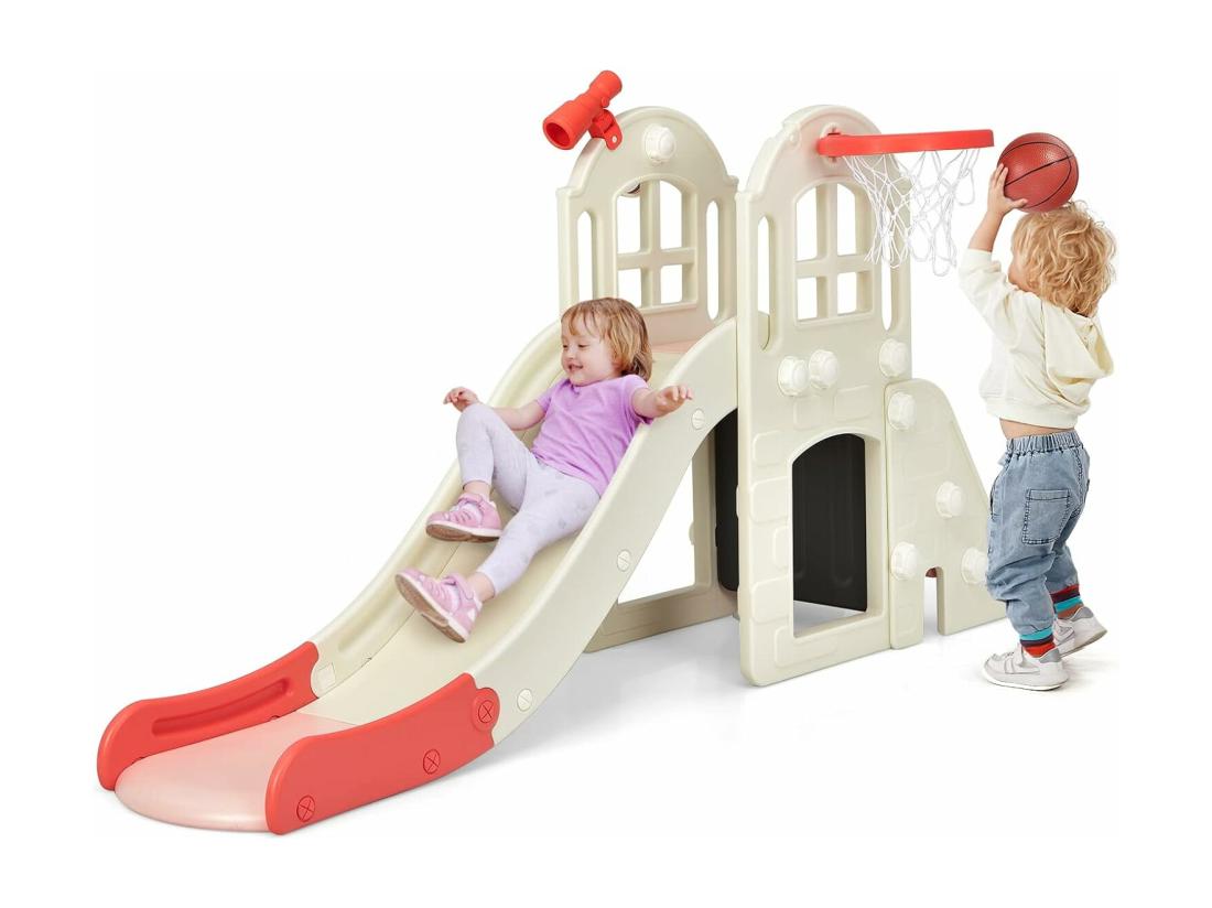 Vente Unique Toboggan 6 En 1 Pour Enfant - Glisse De 140 CM - Avec Panier De Basket Escalade Lancer D'Anneaux Et Télescope Toboggan Intérieure Aire De Jeux Extérieure 3-8 Ans Rose