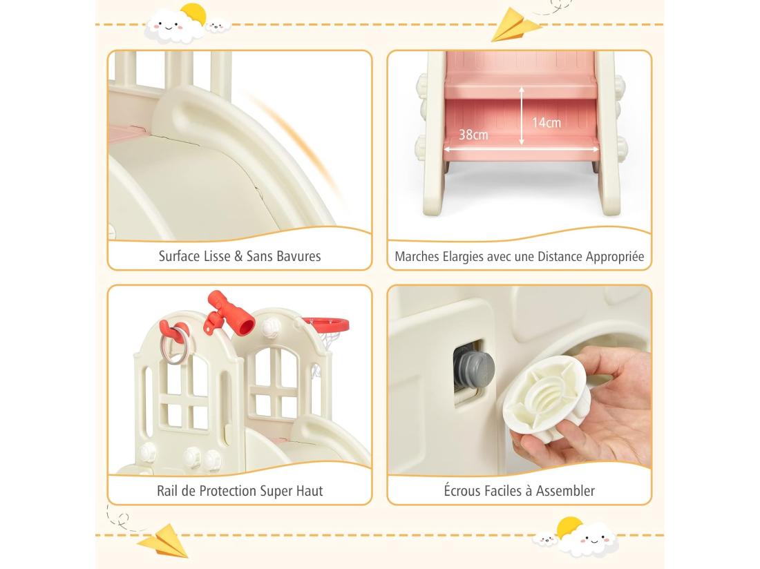 Vente Unique Toboggan 6 En 1 Pour Enfant - Glisse De 140 CM - Avec Panier De Basket Escalade Lancer D'Anneaux Et Télescope Toboggan Intérieure Aire De Jeux Extérieure 3-8 Ans Rose