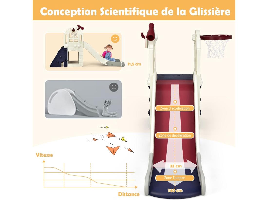 Vente Unique Toboggan 6 En 1 Pour Enfant - Glisse De 140 CM - Avec Panier De Basket Escalade Lancer D'Anneaux Et Télescope Toboggan Intérieure Aire De Jeux Extérieure 3-8 Ans Bleu