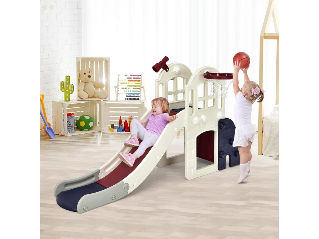 Vente Unique Toboggan 6 En 1 Pour Enfant - Glisse De 140 CM - Avec Panier De Basket Escalade Lancer D'Anneaux Et Télescope Toboggan Intérieure Aire De Jeux Extérieure 3-8 Ans Bleu