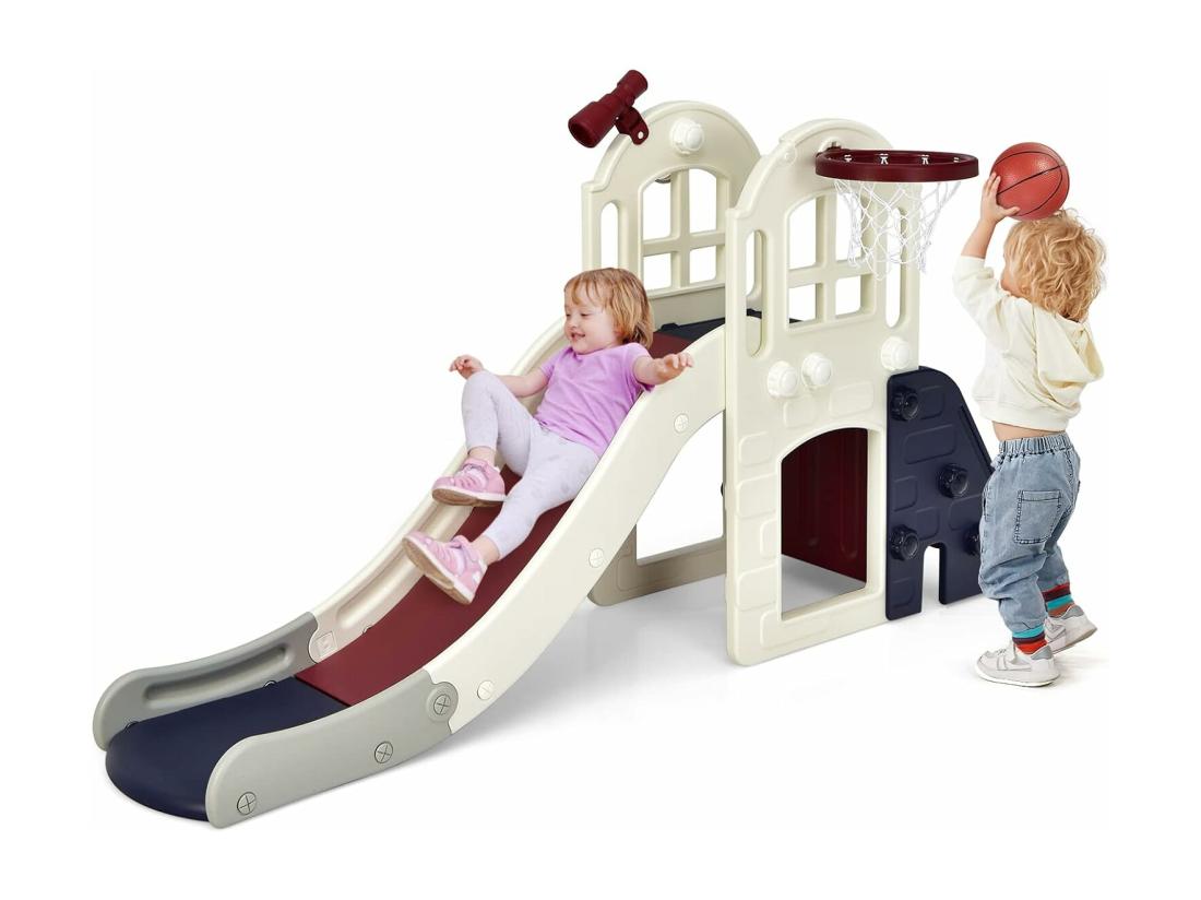 vente unique Toboggan 6 en 1 pour Enfant - Glisse de 140 CM - avec Panier de Basket Escalade Lancer d'Anneaux et Télescope Toboggan Intérieure Aire de Jeux Extérieure 3-8 Ans Bleu