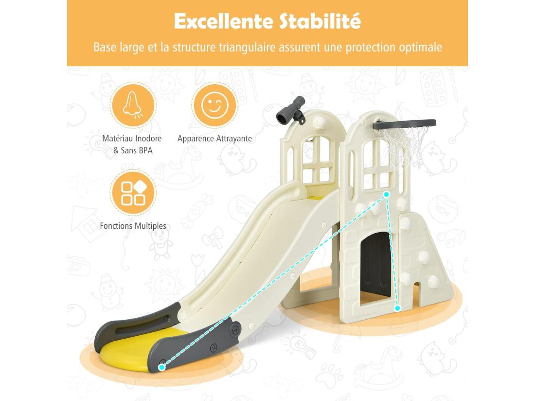Vente Unique Toboggan 6 En 1 Pour Enfant - Glisse De 140 CM - Avec Panier De Basket Escalade Lancer D'Anneaux Et Télescope Toboggan Intérieure Aire De Jeux Extérieure 3-8 Ans Jaune