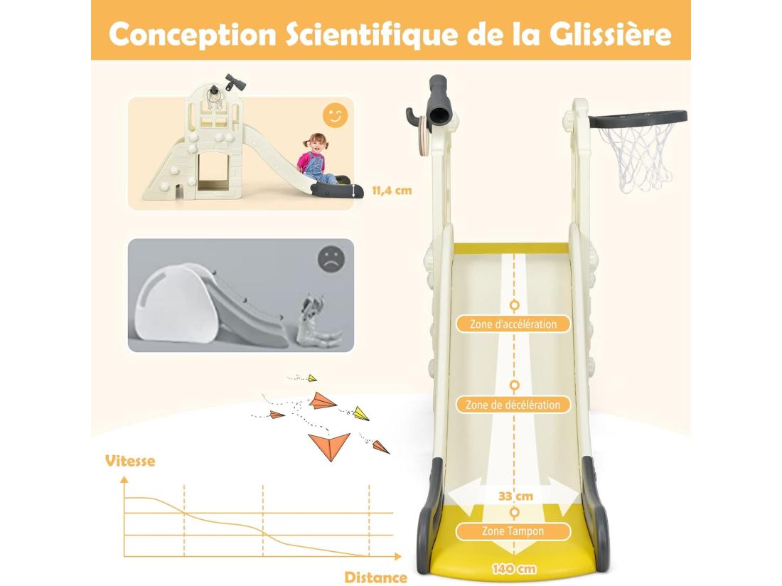 Vente Unique Toboggan 6 En 1 Pour Enfant - Glisse De 140 CM - Avec Panier De Basket Escalade Lancer D'Anneaux Et Télescope Toboggan Intérieure Aire De Jeux Extérieure 3-8 Ans Jaune