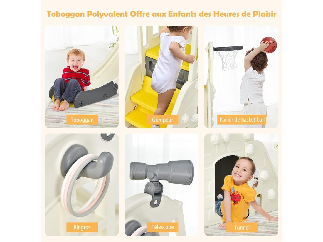 Vente Unique Toboggan 6 En 1 Pour Enfant - Glisse De 140 CM - Avec Panier De Basket Escalade Lancer D'Anneaux Et Télescope Toboggan Intérieure Aire De Jeux Extérieure 3-8 Ans Jaune