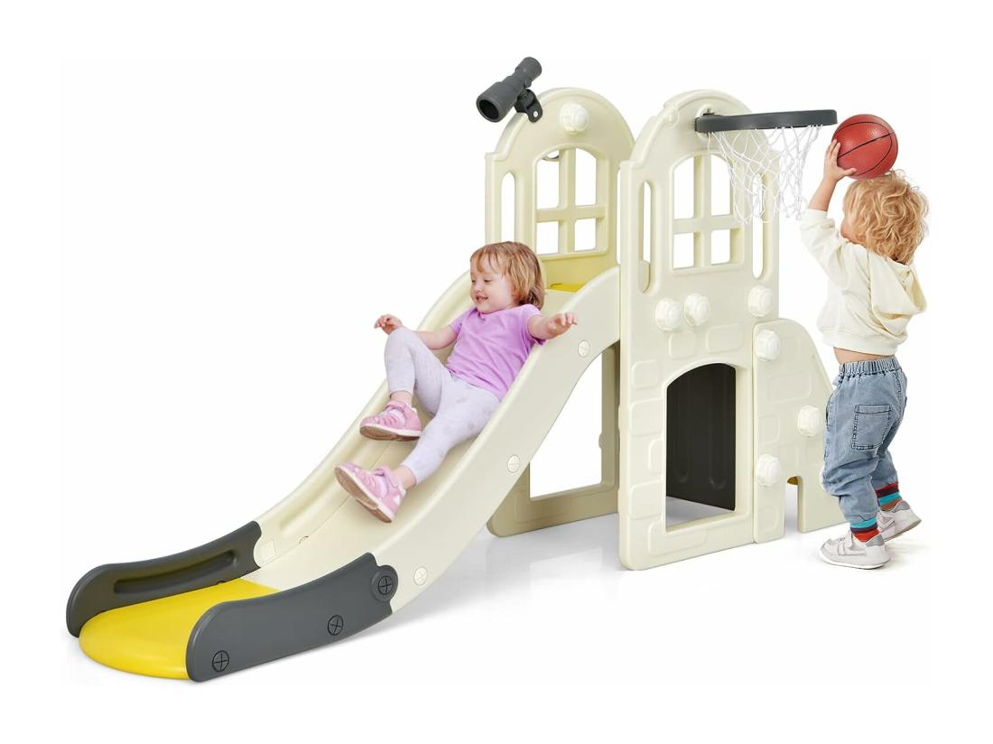 vente unique Toboggan 6 en 1 pour Enfant - Glisse de 140 CM - avec Panier de Basket Escalade Lancer d'Anneaux et Télescope Toboggan Intérieure Aire de Jeux Extérieure 3-8 Ans Jaune