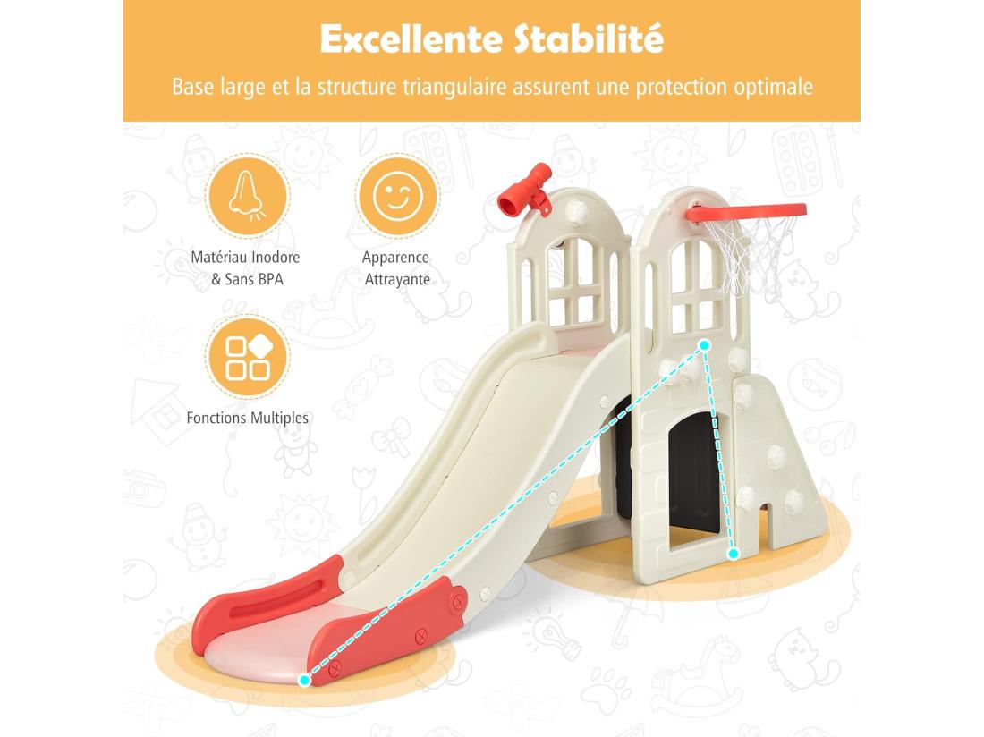 vente unique Toboggan 6 en 1 pour Enfant - Glisse de 140 CM - avec Panier de Basket Escalade Lancer d'Anneaux et Télescope Toboggan Intérieure Aire de Jeux Extérieure 3-8 Ans Rose
