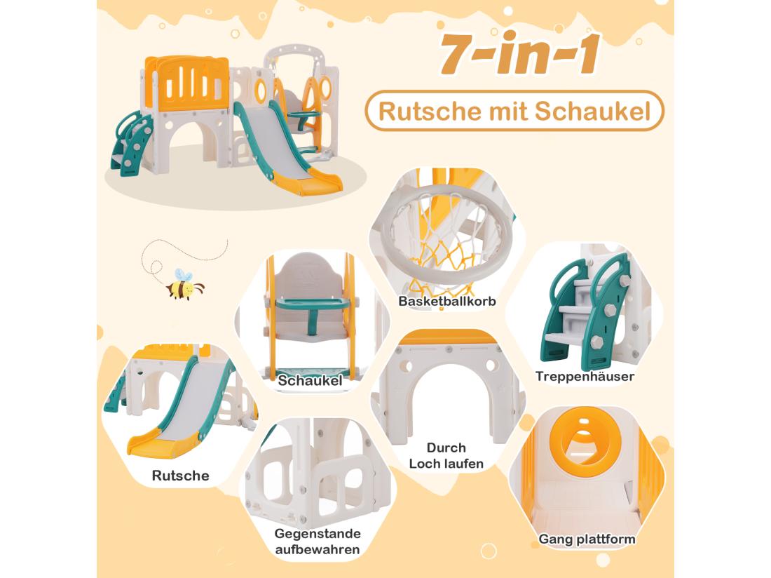 Vente Unique Toboggan 7 En 1 Pour Enfant Avec Balançoire Plate-forme Zone De Rangement Arcade Panier De Basket Escalier PEHD Vert+jaune