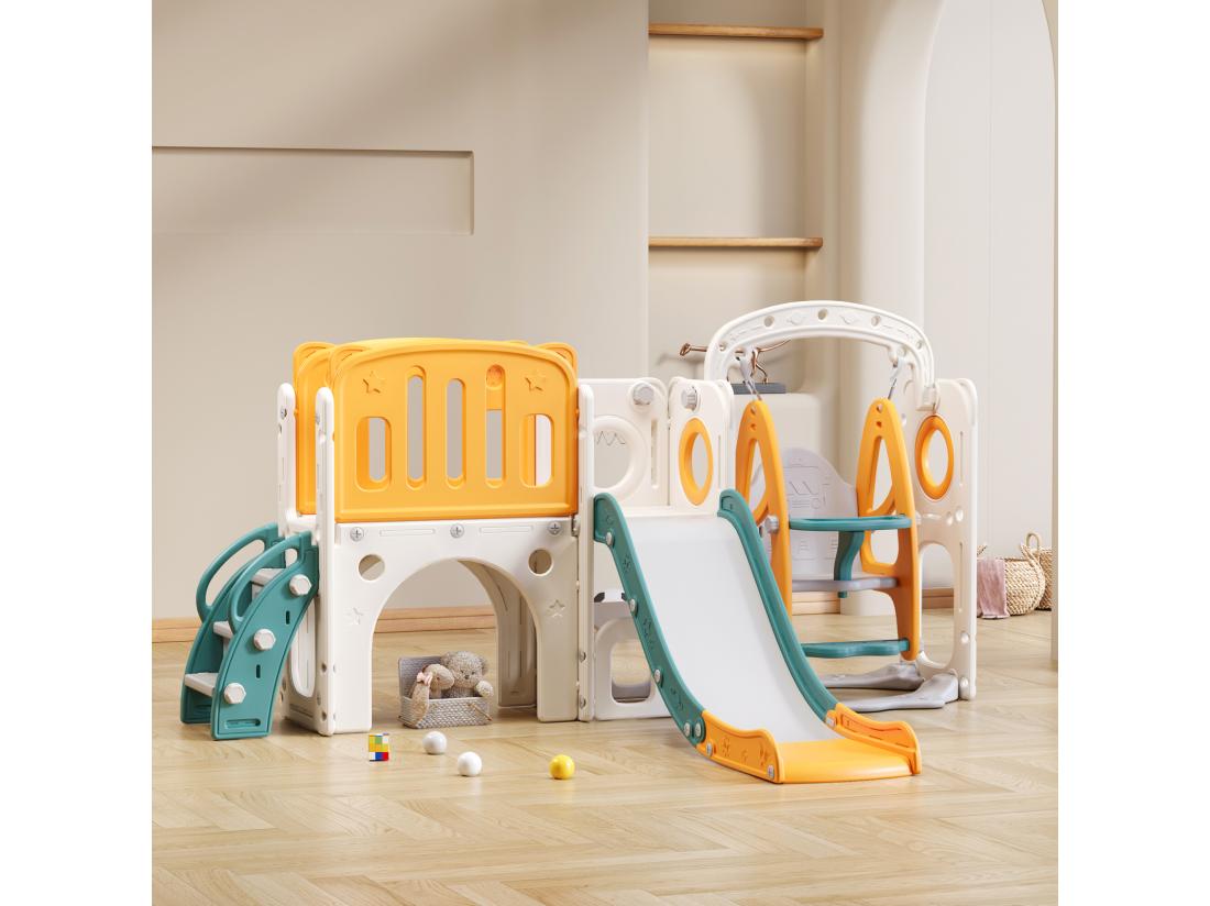 Vente Unique Toboggan 7 En 1 Pour Enfant Avec Balançoire Plate-forme Zone De Rangement Arcade Panier De Basket Escalier PEHD Vert+jaune